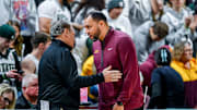 Michigan State's head coach Tom Izzo, left, talks with Minnesota's head coach Ben Johnson after the Spartans victory over the Golden Gophers on Tuesday, Jan. 28, 2025, at the Breslin Center in East Lansing.