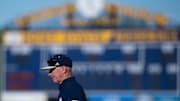 Kent State hosted the Georgia Tech Yellow Jackets at Schoonover Stadium on Tuesday, May 17. Former Kent State baseball head coach Danny Hall returns as Georgia Tech coach. Hall walks to the mound for a pregame coach and umpire meeting.

Ksu Bsb 051722 Ls01