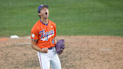 Clemson senior Lucas Mahlstedt (47) reacts after closing out the game against University of Louisville at Doug Kingsmore Stadum in Clemson, S.C. Friday, April 18, 2025. Clemson won 2-1, taking the ACC series.