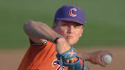 Clemson pitcher Reed Garris (15) pitches to University of Louisville during the top of the seventh inning at Doug Kingsmore Stadum in Clemson, S.C. Friday, April 18, 2025.