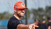 Detroit Tigers director of pitching Gabe Ribas watches warm up during spring training at Tigertown in Lakeland, Fla. on Tuesday, Feb. 13, 2024.