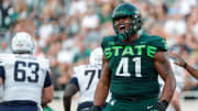 Michigan State defensive tackle Derrick Harmon (41) celebrates after sacking Akron quarterback Jeff Undercuffler Jr. (13) during the second half at Spartan Stadium in East Lansing on Saturday, Sept. 10, 2022.