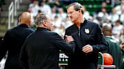 Michigan State's head coach Tom Izzo, left, and Oregon's head coach Dana Altman shake hands before the game on Saturday, Feb. 8, 2025, at the Breslin Center East Lansing.
