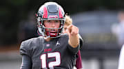 Westside High senior quarterback Cutter Woods (12) before the game at Westside High in Anderson, S.C. Friday, September 13, 2024.