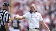 South Carolina Head Coach Shane Beamer smiles with a side judge after South Carolina quarterback LaNorris Sellers (16) ran for a touchdown against Louisiana State University during the second quarter at Williams-Brice Stadium in Columbia, S.C. Saturday, September 14, 2024.