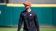 Detroit Tigers hitting coach Keith Beauregard watches practice during spring training at TigerTown in Lakeland, Fla. on Monday, Feb. 19, 2024.
