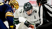 Michigan State's Tiernan Shoudy prepares to face-off against Notre Dame during the second period in the Big Ten tournament on Saturday, March 15, 2025, at Muni Arena in East Lansing.