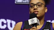 Oct 21, 2025; Kansas City, MO, USA; TCUís Olivia Miles speaks to media during Big 12 Womenís Basketball Media Day at T-Mobile Center. Mandatory Credit: Sophia Scheller-Imagn Images