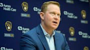 Senior Vice President and General Manager Matt Arnold speaks during an an end of season press conference at American Family Field in Milwaukee, October 10, 2023.