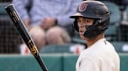 Druw Jones of the Visalia Rawhides bats April 11, 2023, against the Rancho Cucamonga Quakes.