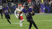 Jan 28, 2024; Baltimore, Maryland, USA; Baltimore Ravens wide receiver Nelson Agholor (15) carries
