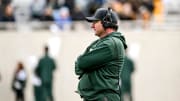 Michigan State's head coach Jonathan Smith looks on during the Spring Showcase on Saturday, April 20, 2024, at Spartan Stadium in East Lansing.