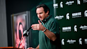 Michigan State coach Jonathan Smith talks the media on the first national signing day for college football recruits Wednesday, Dec. 4, 2024, at Spartan Stadium in East Lansing.
