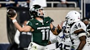 Michigan State's Alessio Milivojevic throws a pass against Penn State during the fourth quarter on Saturday, Nov. 15, 2025, at Spartan Stadium in East Lansing.