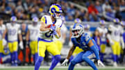 Detroit Lions cornerback Khalil Dorsey looks to tackle Rams punt returner Austin Trammell during the second half of the NFL wild-card playoff game at Ford Field in Detroit on Sunday, Jan. 14, 2024.