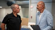 Steve Annear the Director and CEO of the Kirk Gibson Foundation, left, speaks to Kirk Gibson in the Center for Parkinson’s Wellness on Tuesday, Oct. 1, 2024 at their location in Farmington Hills. The center will be the first of its kind in Michigan and will provide free services for those living with Parkinson’s and their caregivers.
