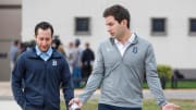 Detroit Tigers president of baseball operations Scott Harris, right, talks with general manager Jeff Greenberg.