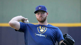 Brandon Woodruff throws some pitches before the Tuesday Milwaukee Brewers National League Wild Card playoff series at American Family Field in Milwaukee on Monday, Sept. 30, 2024. - Mike De Sisti / Milwaukee Journal Sentinel