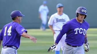 June 8, 2012; Los Angeles, CA, USA;  TCU Horned Frogs catcher Josh Elander (24) heads for home after a home run off UCLA Bruins pitcher Adam Plutko (9) in the first inning of the Los Angeles super regional at Jackie Robinson Stadium. 