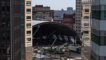 Work continues on the setup of stage area for the upcoming NFL Draft near Campus Martius on Tuesday,