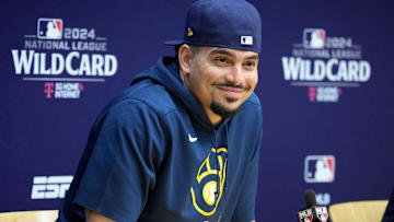 Milwaukee Brewers Willy Adames smiles as he answers questions during a press conference before the National League Wild Card Series at American Family Field in Milwaukee on Monday, Sept. 30, 2024.