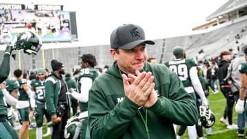 Michigan State's head coach Jonathan Smith leaves the file after the Spring Showcase on Saturday,