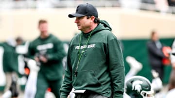 Michigan State head coach Jonathan Smith looks on during the Spring Showcase on Saturday, April 20, 2024, at Spartan Stadium in East Lansing.