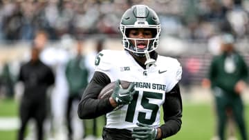 Michigan State's Nick Marsh participates in a drill during the Spring Showcase on Saturday, April 20, 2024, at Spartan Stadium in East Lansing.