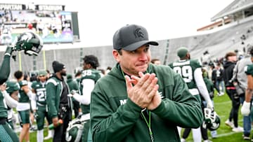 Michigan State's head coach Jonathan Smith leaves the file after the Spring Showcase on Saturday, April 20, 2024, at Spartan Stadium in East Lansing.