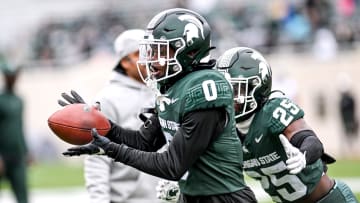 Michigan State's Charles Brantley catches a pass during a drill in the Spring Showcase on Saturday, April 20, 2024, at Spartan Stadium in East Lansing.