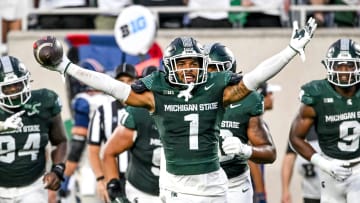 Michigan State's Nikai Martinez celebrates his interception against Florida Atlantic during the second quarter on Friday, Aug. 30, 2024, at Spartan Stadium in East Lansing.