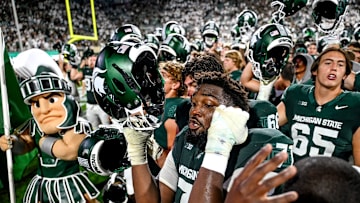Michigan State celebrates after defeating Florida Atlantic on Friday, Aug. 30, 2024, at Spartan Stadium in East Lansing.