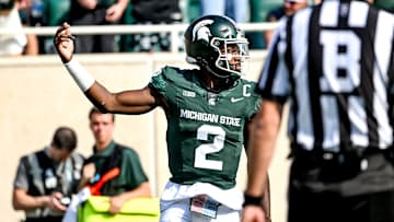 Michigan State's Aidan Chiles celebrates after his rushing touchdown against Prairie View A&M during the first quarter on Saturday, Sept. 14, 2024, at Spartan Stadium in East Lansing.