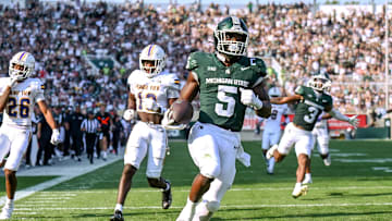 Michigan State's Nathan Carter runs for a touchdown against Prairie View A&M during the second quarter on Saturday, Sept. 14, 2024, at Spartan Stadium in East Lansing.