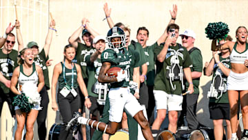 Michigan State's Charles Brantley heads to the end zone after an interception that was called back on a penalty during the second quarter in the game against Prairie View A&M on Saturday, Sept. 14, 2024, at Spartan Stadium in East Lansing.