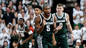 Michigan State's Tre Holloman celebrates after a Spartans score against Niagara during the first half on Thursday, Nov. 7, 2024, at the Breslin Center in East Lansing.