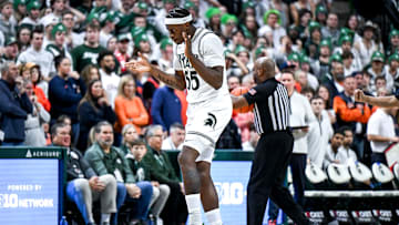 Michigan State's Coen Carr celebrates after an Illinois timeout during the second half on Sunday, Jan. 19, 2025, at the Breslin Center in East Lansing.