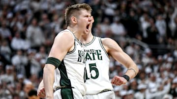 Michigan State's Jaxon Kohler celebrates after scoring and drawing an Oregon foul during the second half on Saturday, Feb. 8, 2025, at the Breslin Center East Lansing.