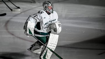 Michigan State's Trey Augustine is introduced before the game against Minnesota on Saturday, Jan. 25, 2025, at Munn Arena in East Lansing.