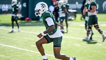 Michigan State's Omari Kelly runs a drill during football practice on Monday, Aug. 11, 2025, in East Lansing.