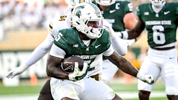 Michigan State's Makhi Frazier runs for a gain against Western Michigan during the first quarter on Friday, Aug. 29, 2025, in East Lansing.