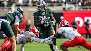 Michigan State's Makhi Frazier runs for a gain against Youngstown State during the first quarter on Saturday, Sept. 13, 2025, at Spartan Stadium in East Lansing.