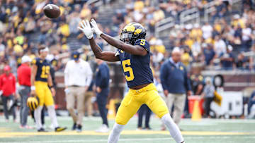 Michigan wide receiver Karmello English (5) practices before the UNLV game at Michigan Stadium in Ann Arbor on Saturday, Sept. 9, 2023.