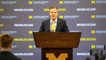 U-M's new men's basketball head coach Dusty May speaks during introductory press conference at Junge