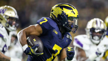 Michigan running back Donovan Edwards runs against Washington during the second half of U-M's 34-13 win in the College Football Playoff national championship game in Houston on Monday, Jan. 8, 2024.