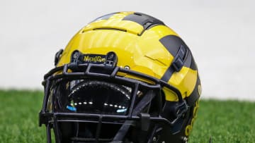 A Michigan football helmet on the sideline during open practice at NRG Stadium in Houston, Texas on Saturday, Jan. 6, 2024.