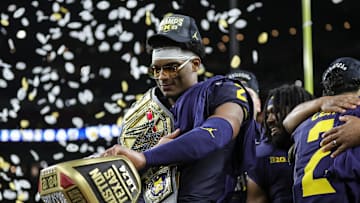 Michigan defensive back Will Johnson celebrate 34-13 win over Washington at the national championship game at NRG Stadium in Houston on Monday, Jan. 8, 2024.