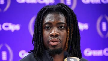 Michigan defensive back Rod Moore speaks during national championship game media day at George R. Brown Convention Center in Houston, Texas on Saturday, Jan. 6, 2024.