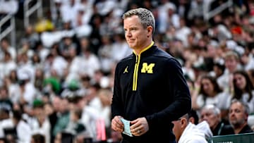 Michigan's head coach Dusty May looks on during the first half against Michigan State on Sunday, March 9, 2025, at the Breslin Center in East Lansing.