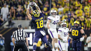 Michigan tight end Colston Loveland makes a catch against Washington during the second half of U-M's 34-13 win in the College Football Playoff national championship game in Houston on Monday, Jan. 8, 2024.